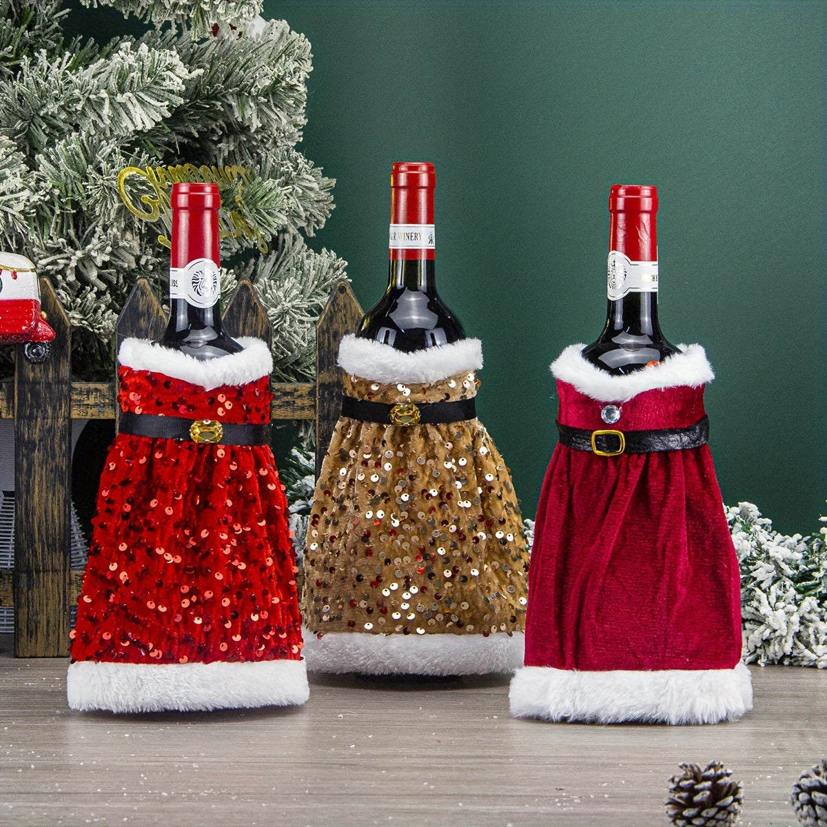 Set of 2 Festive Christmas wine bottle covers with sequined attire, plush hats, and leak-proof sweater. Perfect for wine lovers, home decor, and family gatherings.