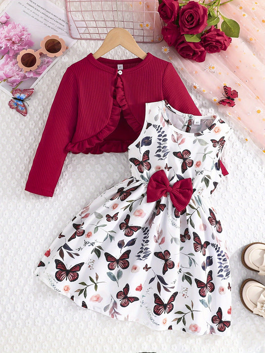 Girls casual dress with butterfly print, paired with a solid color long-sleeved jacket for an outdoor outfit.