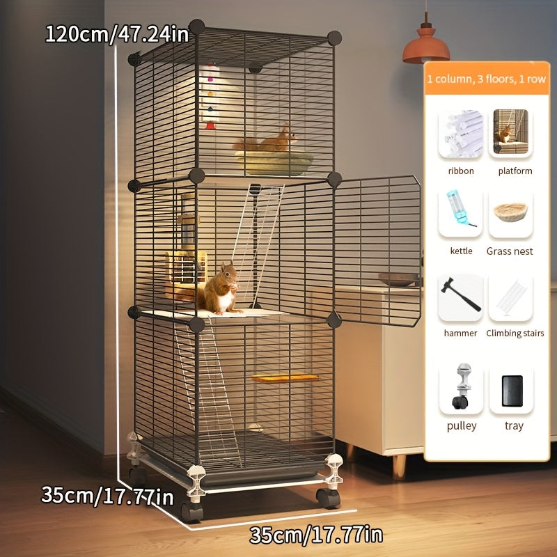 Deluxe squirrel cage with spacious villa design for small pets. Includes various accessories for easy cleaning.