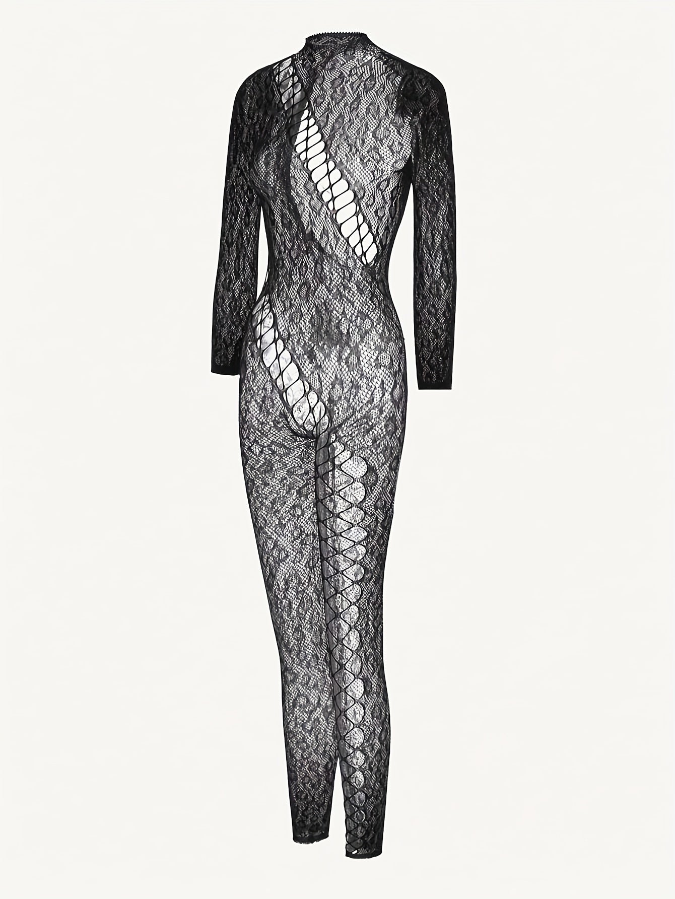 Women's Leopard Fishnet Bodystocking with Long Sleeve, Backless Design - Sexy Lingerie