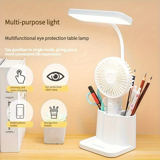 Adjustable LED desk lamp with touch control, eye-care technology, rechargeable battery, ideal for bedroom or study.