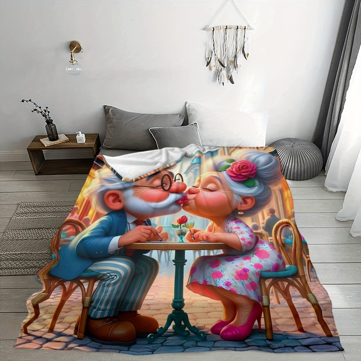 Stay warm and cozy with the 1pc CozyCuddle Soft Flannel Fleece Throw Blanket featuring a charming Grandpa and Grandma Print. This high-definition digital print blanket is perfect for adding a touch of warmth and style to your living room, sofa, or