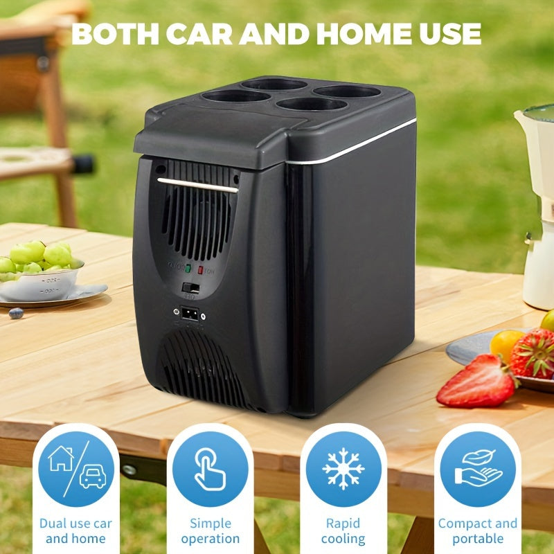 6L Portable Car Refrigerator with Semiconductor Technology, Countertop Mount, for Beverages, Seafood, Fruits, Travel. Operates on DC 12V with car plug power.