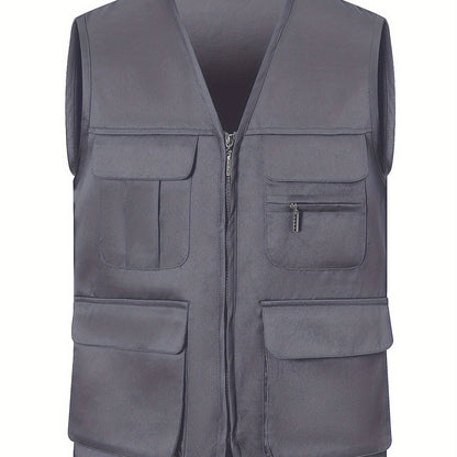 Men's breathable multi-pocket zip up vest jacket for outdoor activities.