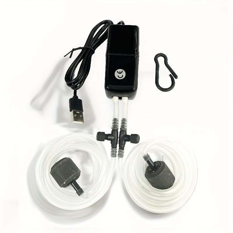 Compact and quiet USB aquarium air pump with adjustable flow valve, includes 2 air stones. Portable for fish tanks and outdoor fishing. Made of durable ABS material.