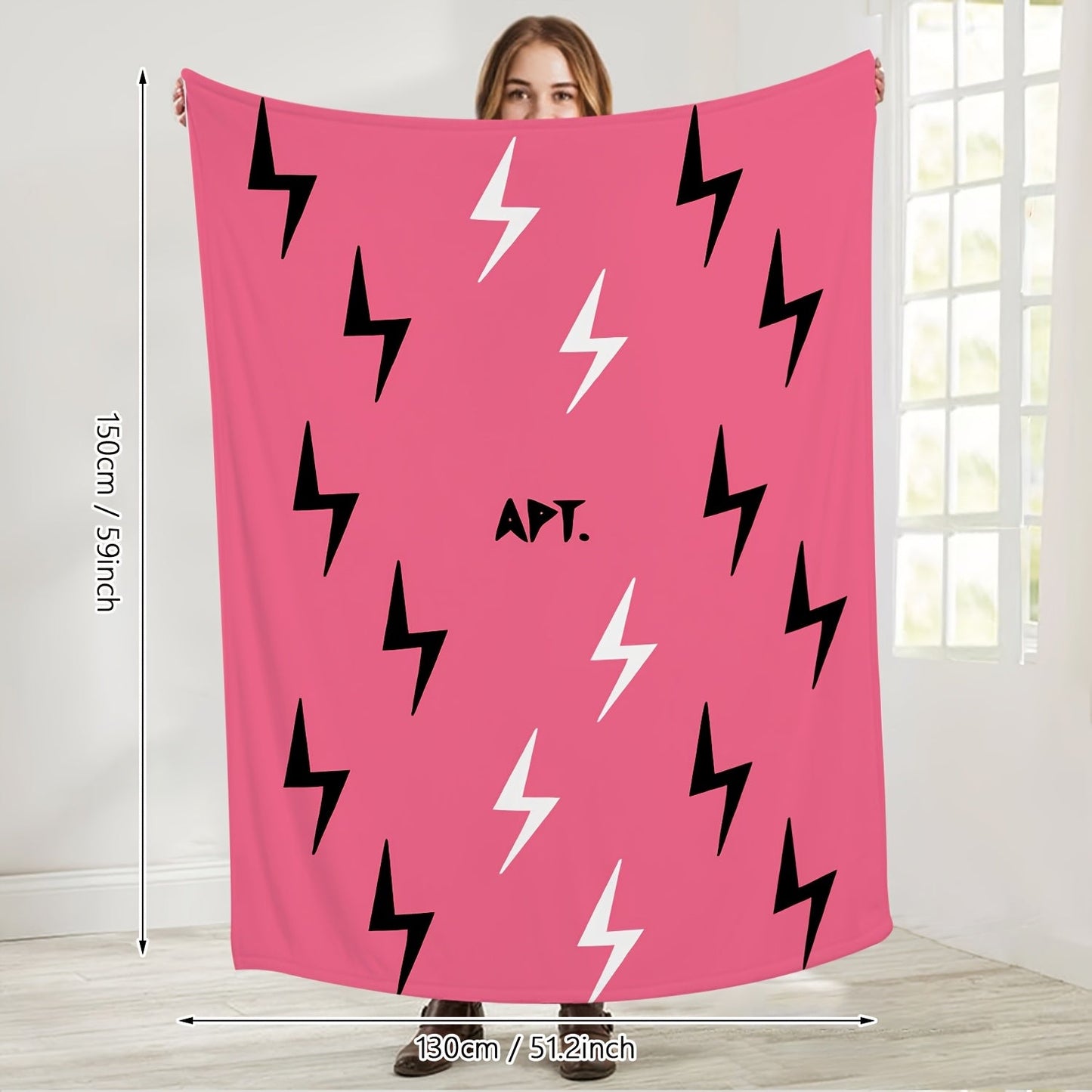 Glamorous Reversible Flannel Fleece Throw Blanket in Music Theme "APT" with Black Lightning Patterns, Ultra Soft and Cozy All-Season Home and Travel Blanket, Easy to Clean in the Machine, Made of 200-250g Polyester.