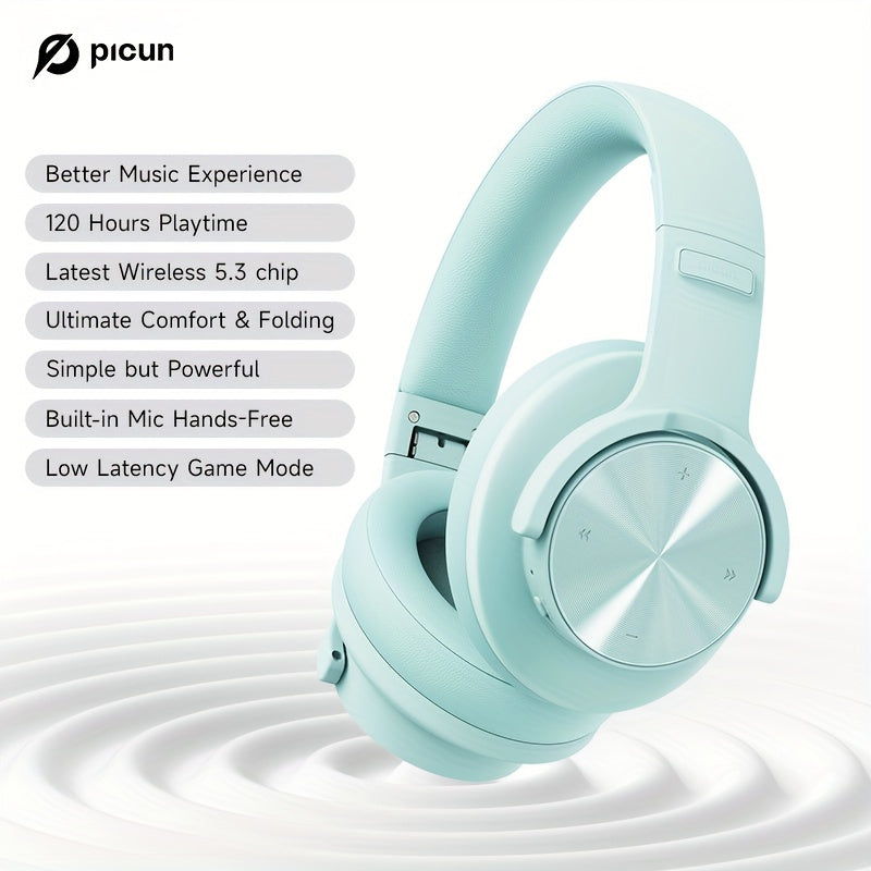 Picun B8 Wireless Over-Ear Headphones with 120 hours playtime, wireless 5.0, 3EQ & Game Mode, hands-free calls, foldable design, and Type-C charging. Suitable for travel, home, office, PC