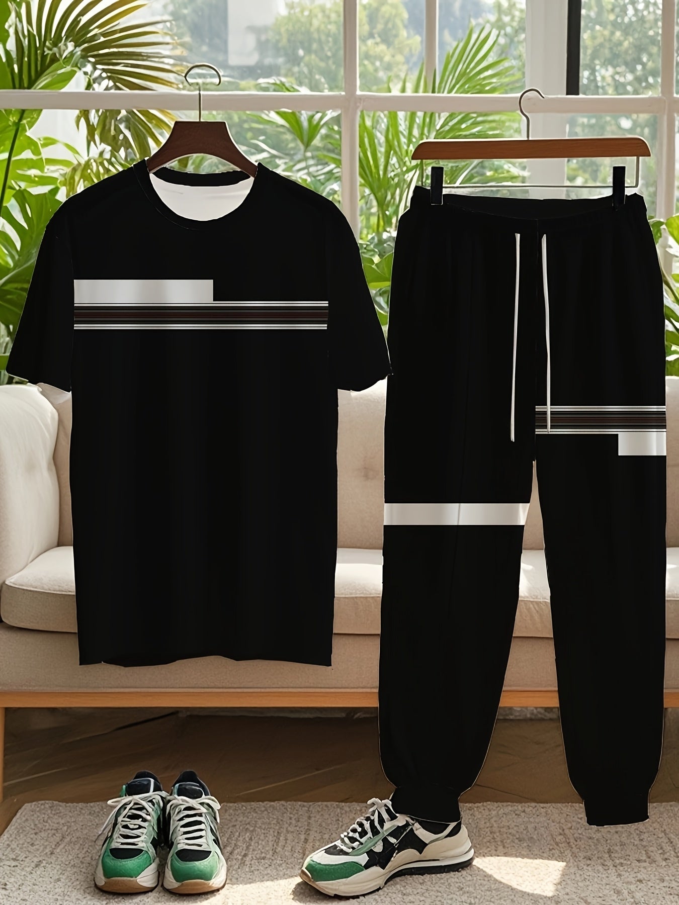 Men's casual outfit with color-blocked short-sleeve tee and drawstring pants, plus size.