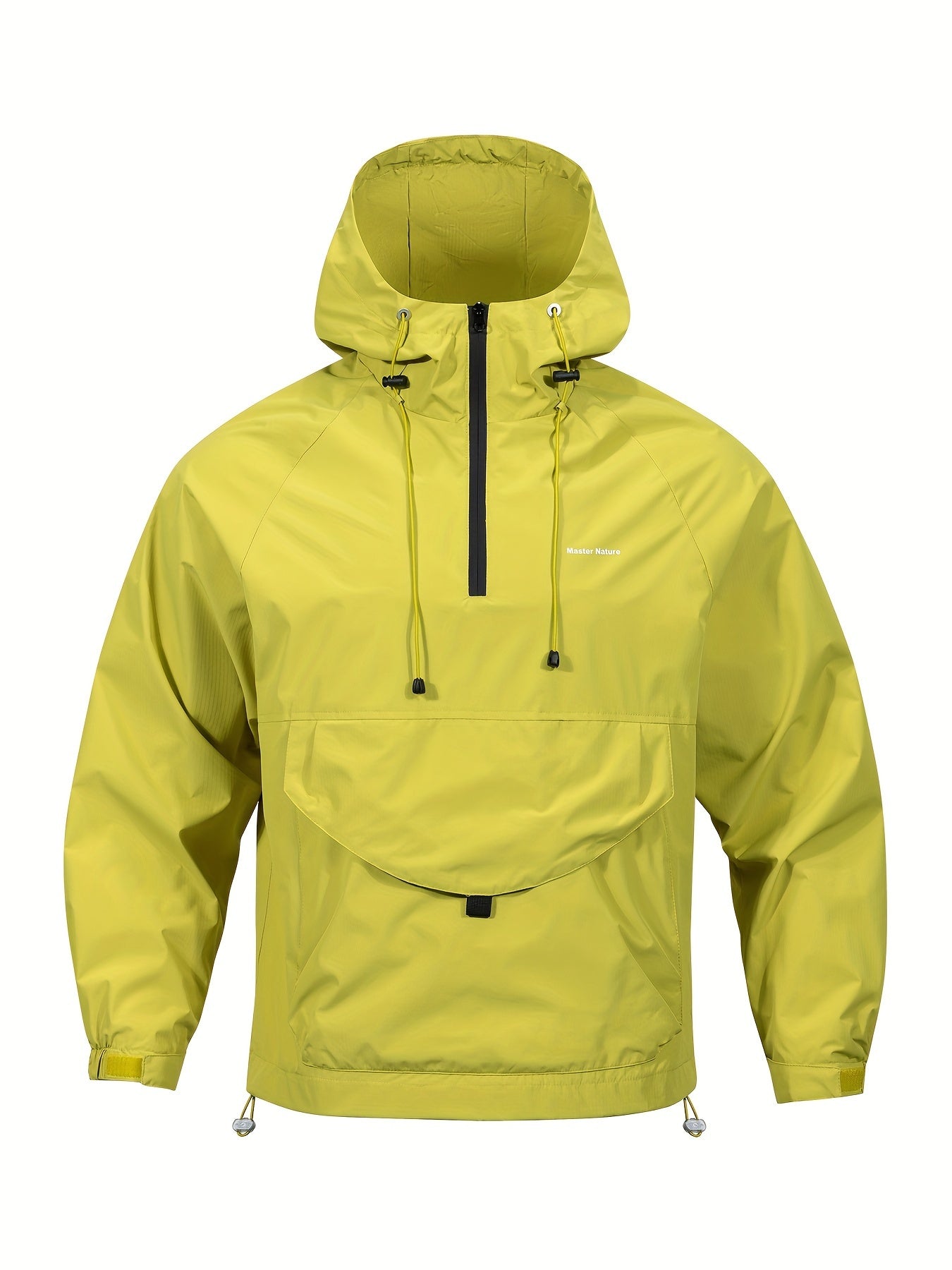 Men's windbreaker jacket with hood, zippered Henley neck, and kangaroo pocket, perfect for outdoor activities.