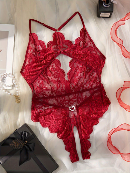 Sexy lingerie set featuring a floral lace teddy with scallop trim and a mesh bodysuit with heart ring detail and backless design.