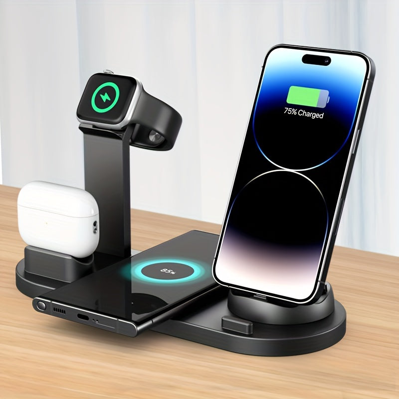 Wireless charger with fast charging for iPhone, Samsung, and Android series, also compatible with AirPods and iPhone Watch.