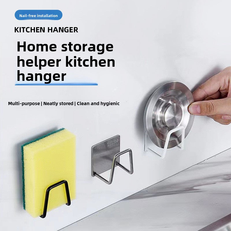 Wall-mounted Stainless Steel Sponge Rack for the Kitchen, Non-perforated Sink Drain Rack with Steel Wool Ball Rag Storage Hook and Shelf