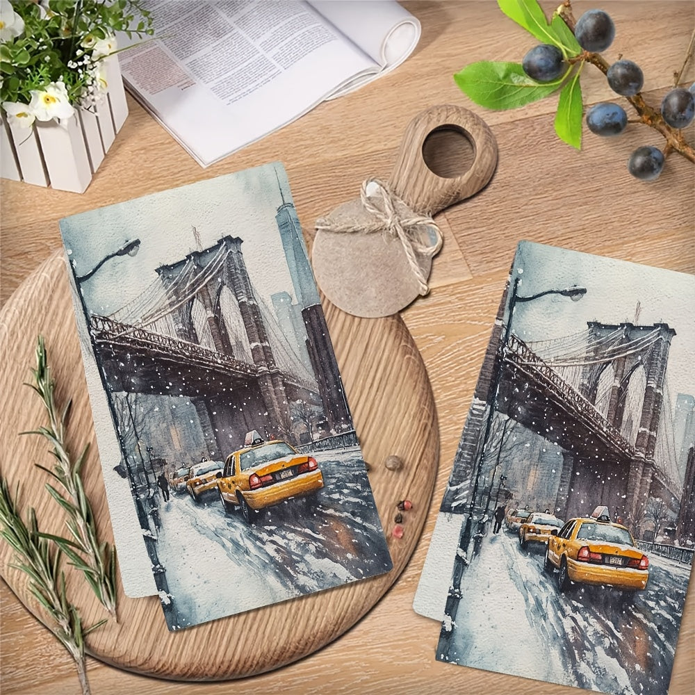 Get two ultra soft kitchen towels featuring a New York Cityscape winter scene. These highly absorbent and machine washable dish hand towels measure 40.64x60.96 cm. Add a contemporary style to your holiday decor with these absorbent dish towels made of