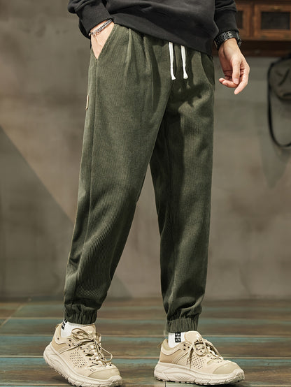 Men's Thick Corduroy Joggers - Loose fit with drawstring waist, cropped length, machine washable. Ideal for fall/winter fashion.