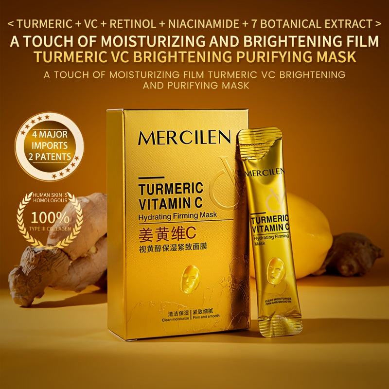 MERCILEN Turmeric Vitamin C mask provides deep cleansing and moisture, suitable for all skin types..GraphicsUnit contains 10 pcs, with ingredients like Retinol, Aloe Vera, and Hyaluronic