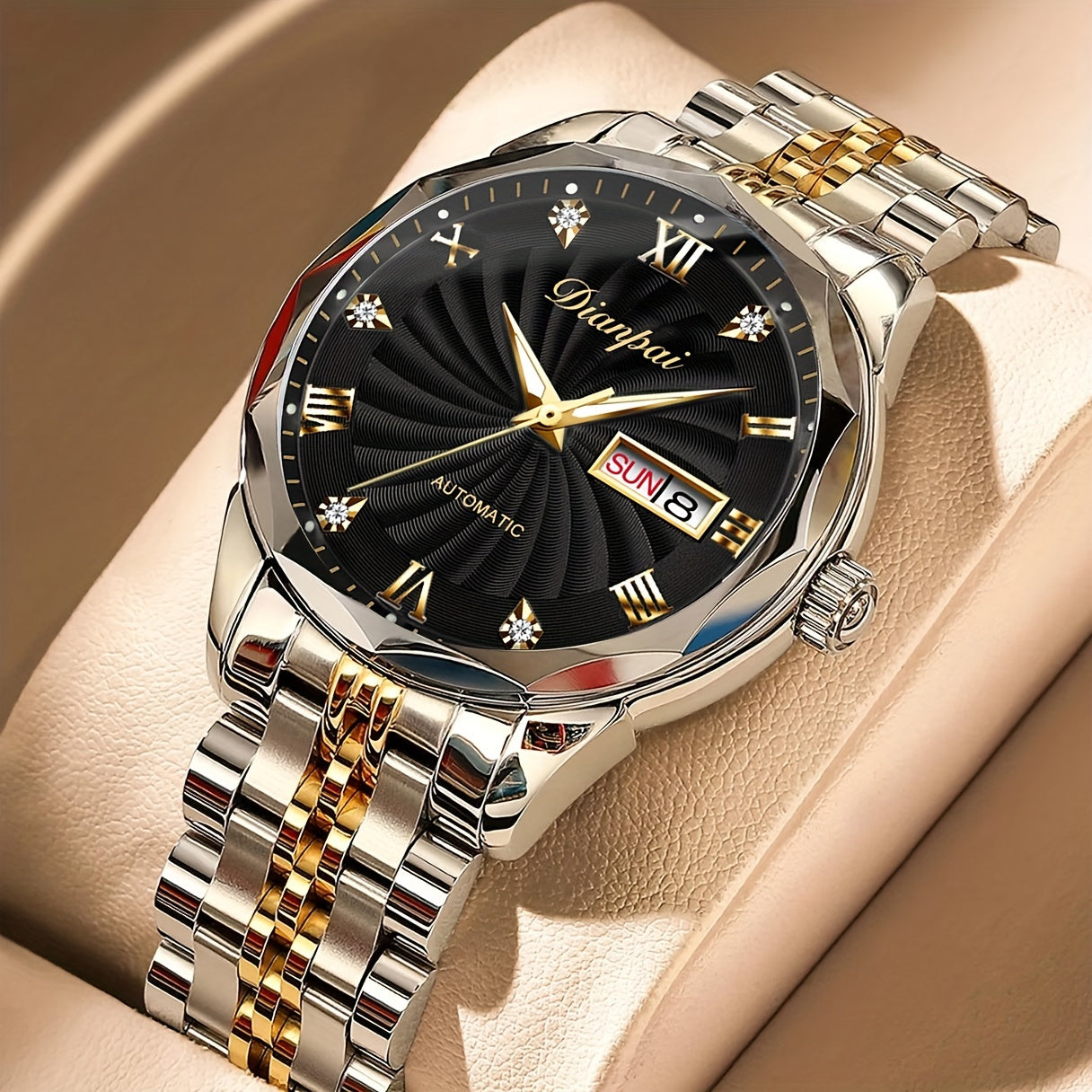 Dianpai Men's Elegant Automatic Mechanical Watch with Luminous Hands, Golden-Tone Stainless Steel Band, Date Display, Waterproof, Self-Winding, Precision Movement, Fashionable Round Dial.