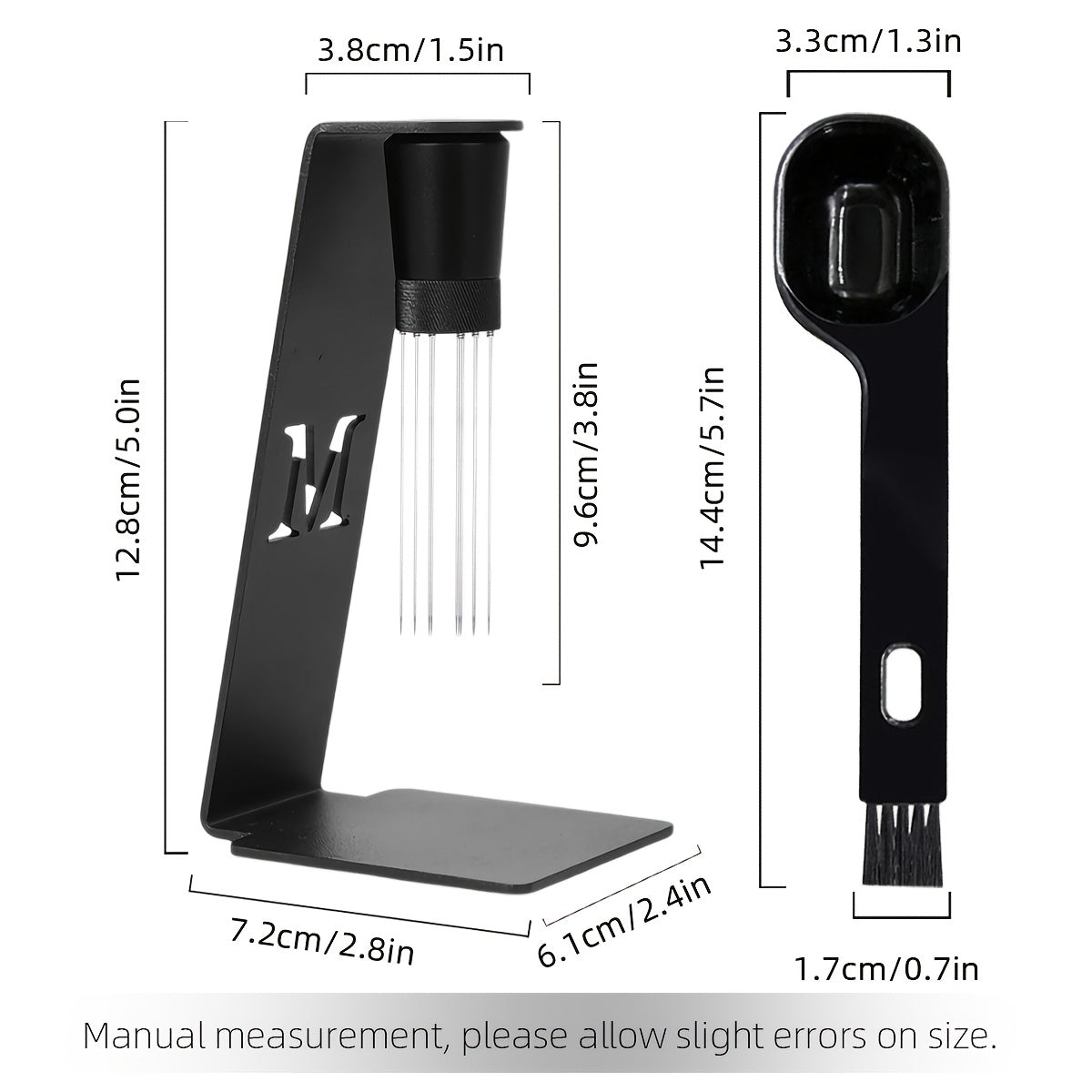 This espresso distribution tool comes with a metal stand and is made of stainless steel with a 0.4mm 8-pin coffee stirring needle. It has an adjustable range and is constructed from aluminum iron. It is safe for food contact, requires no electricity, and