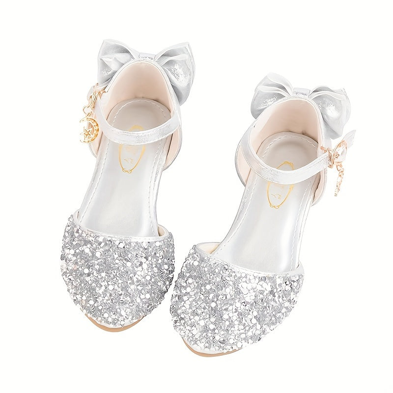 Girls' high heel shoes, youngsters' slippers, girls' silvery dress, piano performance shoes, princess shoes with bow.