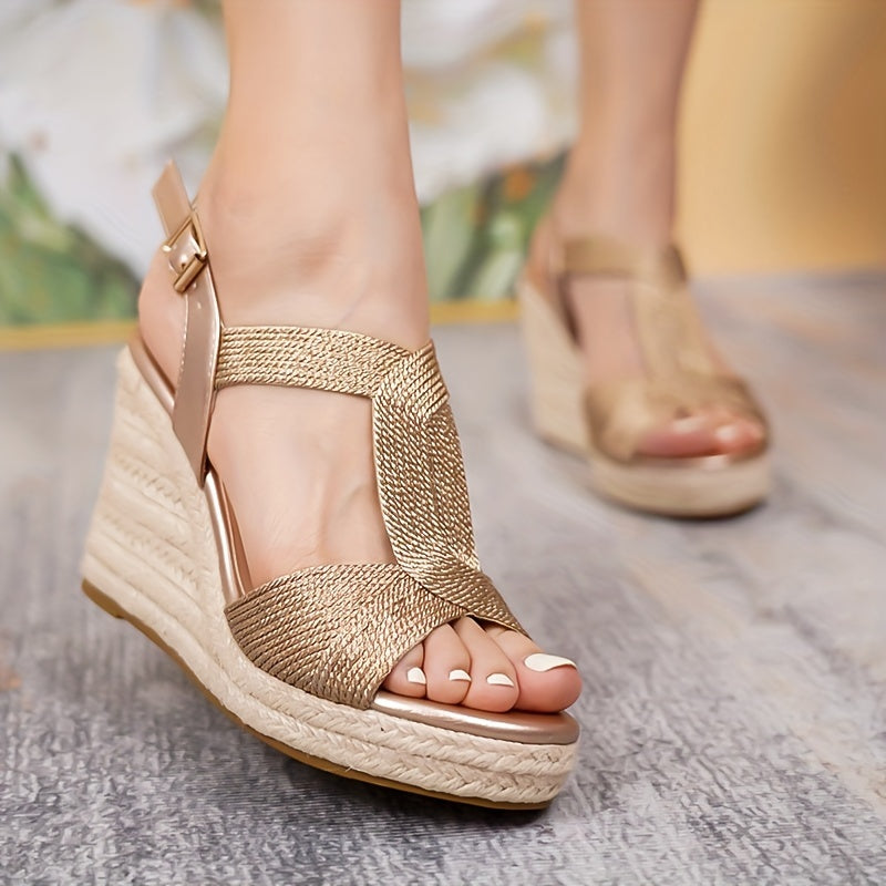 Chic women's champagne metallic wedge sandals with ankle strap, open toe, and espadrille platform heels for summer vacations and daily wear.