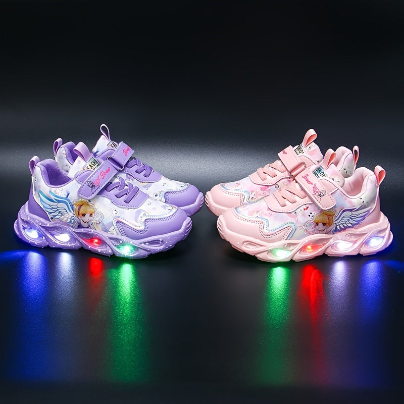 Girls' low top running shoes with glittering design, buckle closure, and lightweight microfiber synthetic construction for kids aged 14 and under.