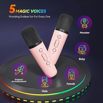 Portable karaoke machine with 2 microphones and RGB lights. Perfect for family gatherings and birthdays.