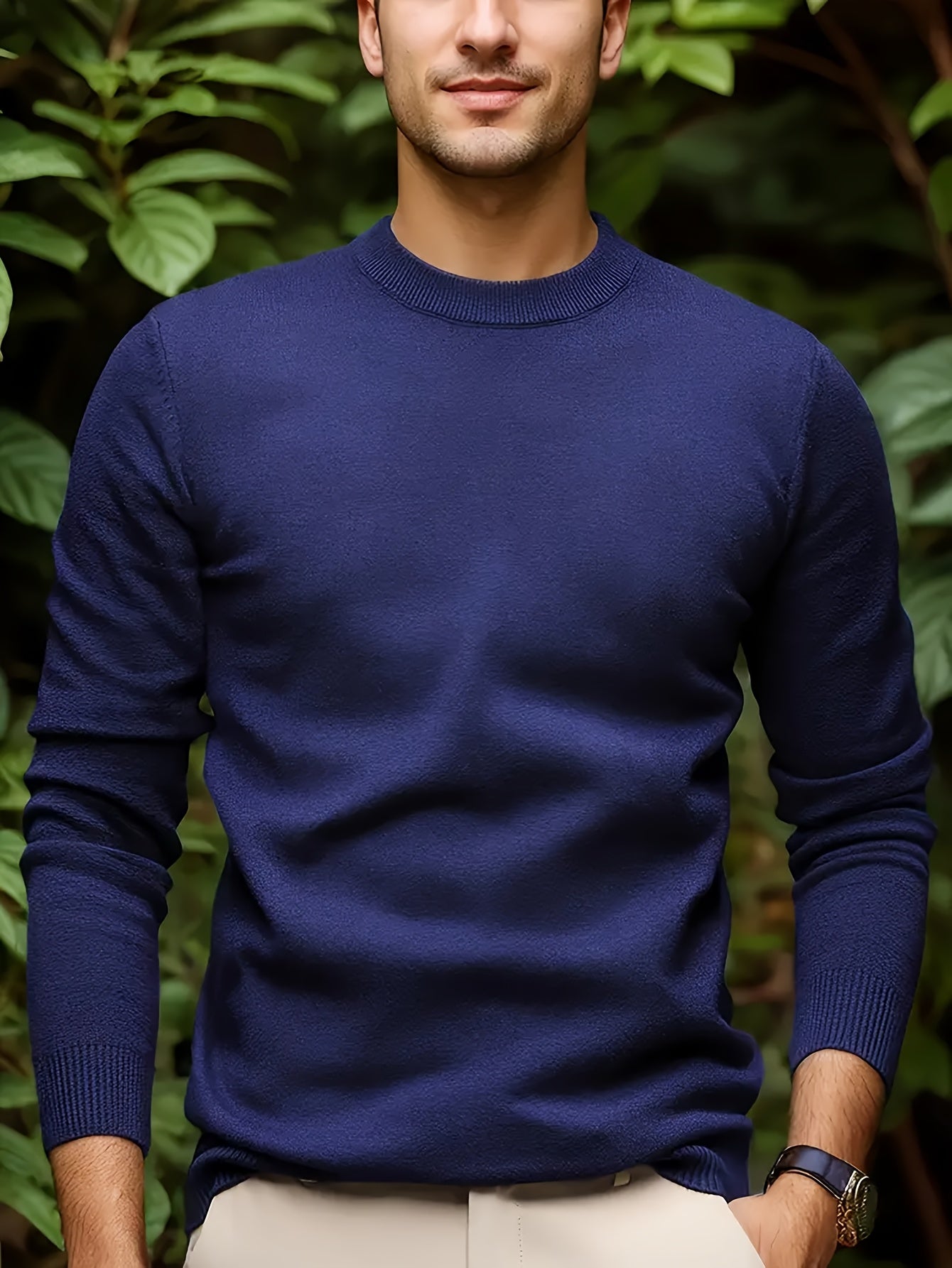 1 Men's casual crew neck sweater made of viscose knit with medium stretch, solid color, regular fit, long sleeve - ideal for autumn and winter.