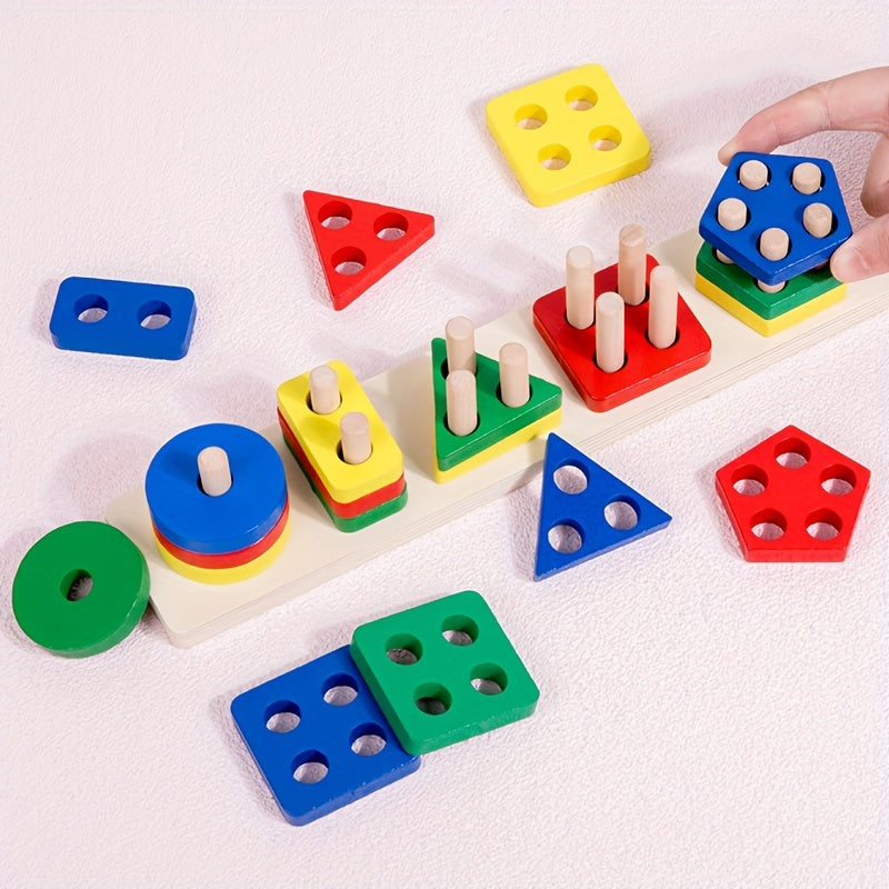 Educational wooden puzzle toy with colorful blocks for shape recognition and cognitive development.