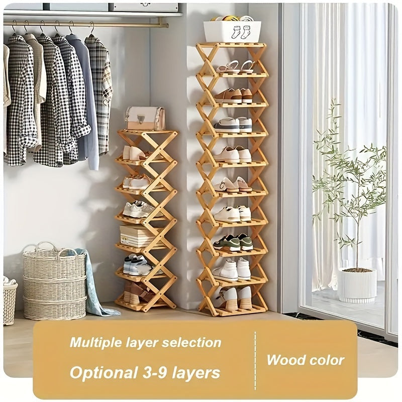 This foldable shoe rack, constructed from bamboo and requiring no installation, offers a customizable design with 5 to 9 layers to choose from. Available in two colors, this space-saving option is perfect for the limited area near the family's entrance.