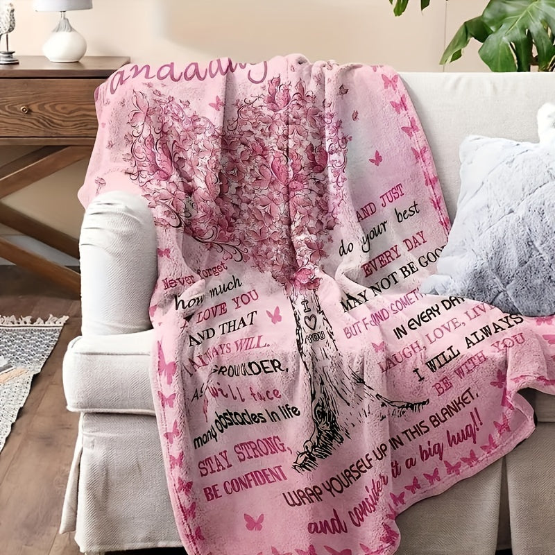 Pink Love Tree Printed Flannel Blanket, 1 Piece Gift from Grandma to Granddaughter - Warm Cozy Soft Throw Blanket for Couch Bed Sofa Office Camping