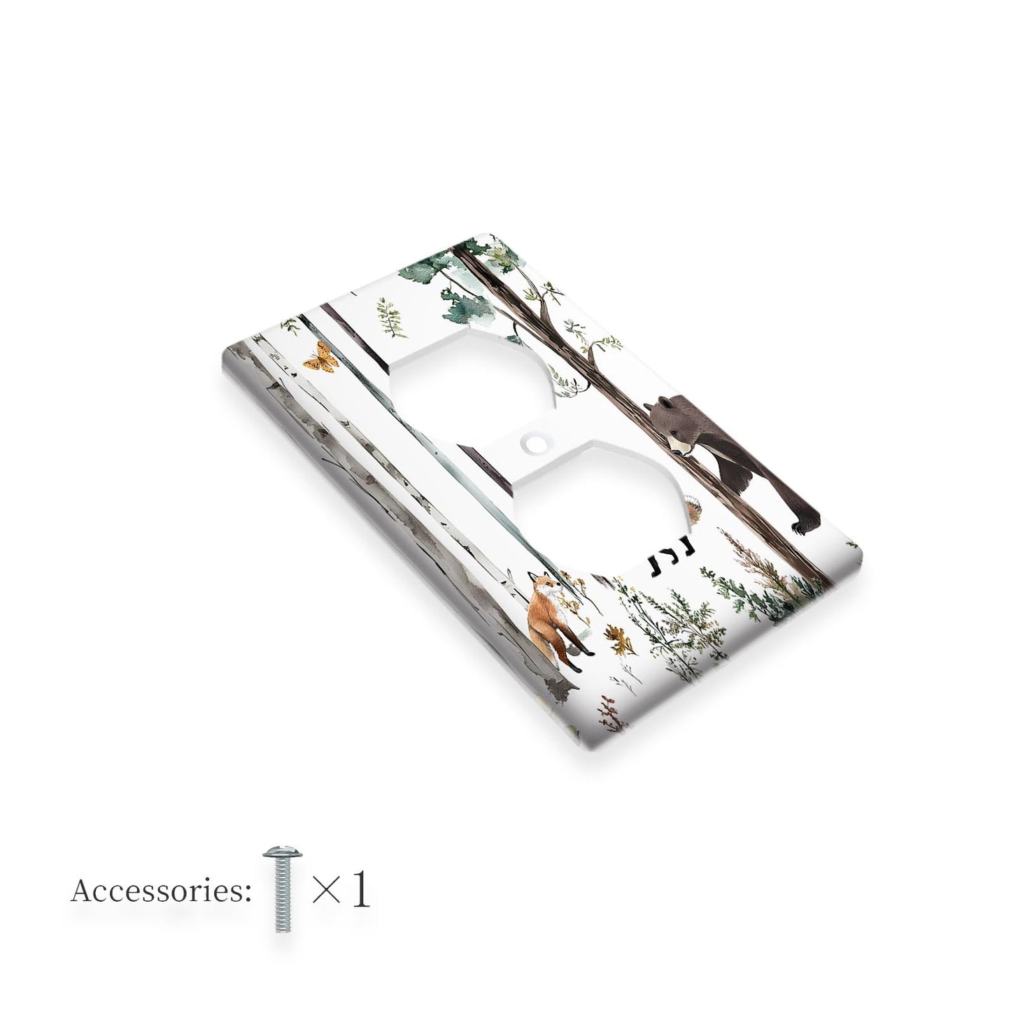 Forest-inspired switch cover with wildlife designs (bear, moose, deer, fox) for home décor.