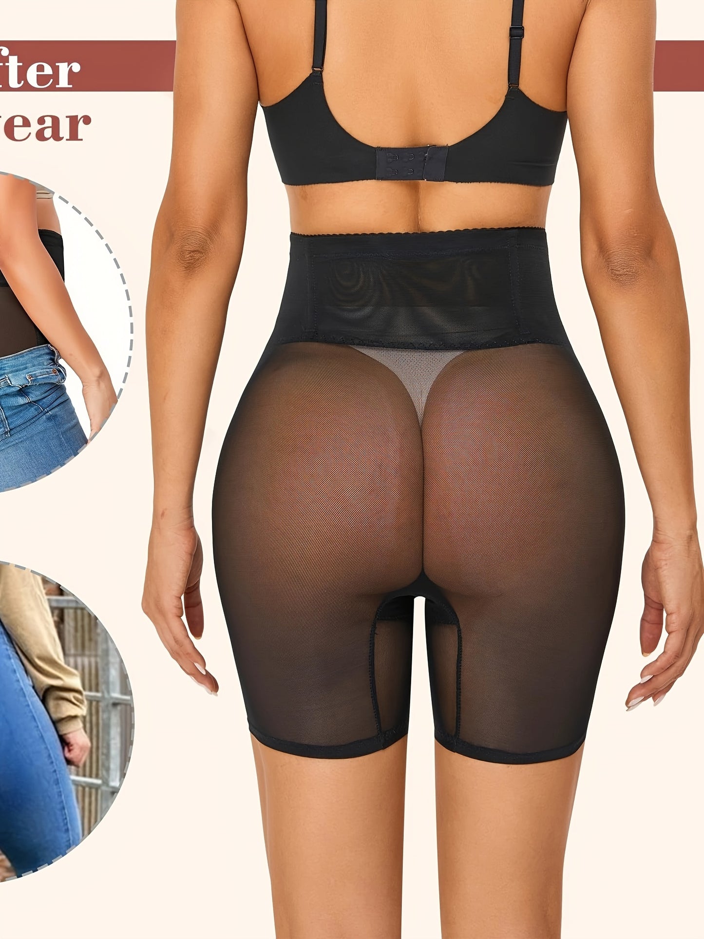 Women's shapewear with high waist, seamless thigh tuck, and butt lift.