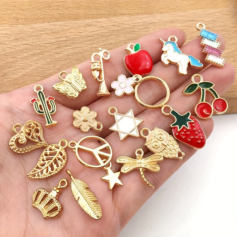 50 pieces of assorted golden enamel plated charms made of zinc alloy, perfect for DIY jewelry making to create pendants for necklaces, bracelets, earrings, and fabric accessories. Craft supplies included.