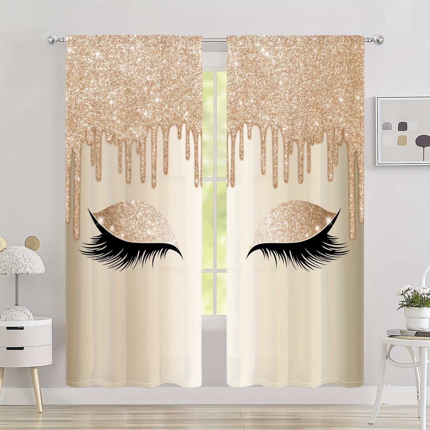 Set of two Eyelash Printed Curtains, Rod Pocket Window Treatments ideal for Bedroom, Office, Kitchen, Living Room, Study, and Home Decor. Enhance your room with stylish and aesthetic decorative curtains.