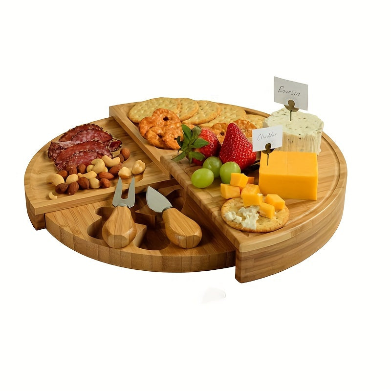 Serving Knives Included with Multipurpose Cheese Board Set, Ideal for Snacks and Charcuterie, Safe and Long-lasting, Equipped with Storage Drawers for Fruits, Nuts, and Appetizers