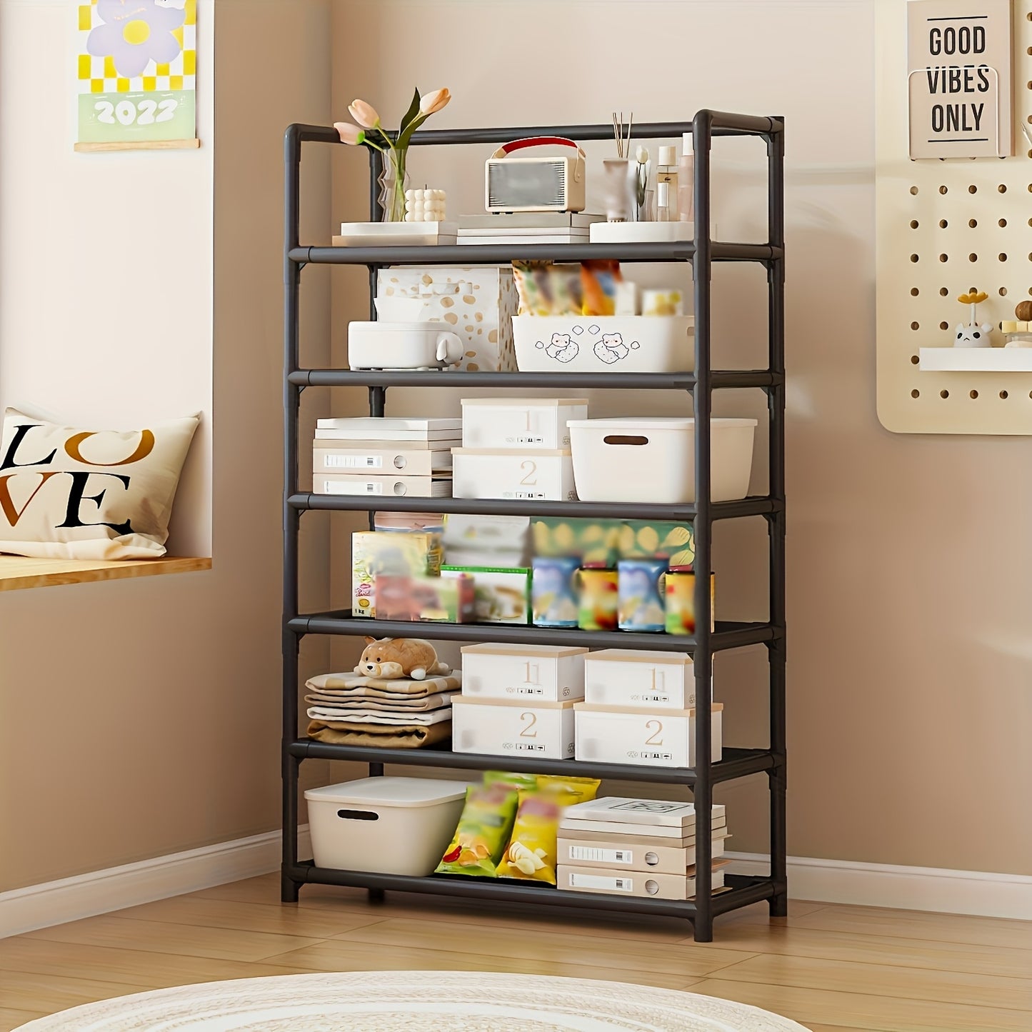 1 piece modern 6-tier metal storage rack with paint finish and large capacity. Vertical shelving with metal pipe frame, suitable for home and office use.