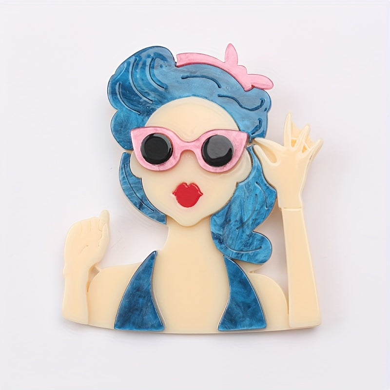 Retro Glasses Lady Head Pendant in Vintage Style Acrylic Pin, Perfect for Clothing Accessories