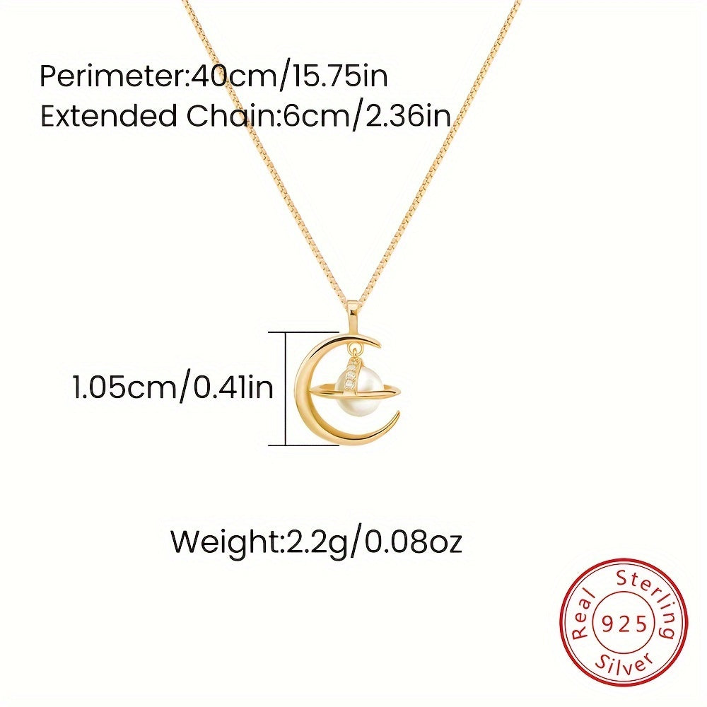 2.2 The Moon Around The Planet S925 Sterling Silver Pearl Pendant Necklace, an Exquisite and Elegant Gift for Girls on Valentine's Day or Birthday.