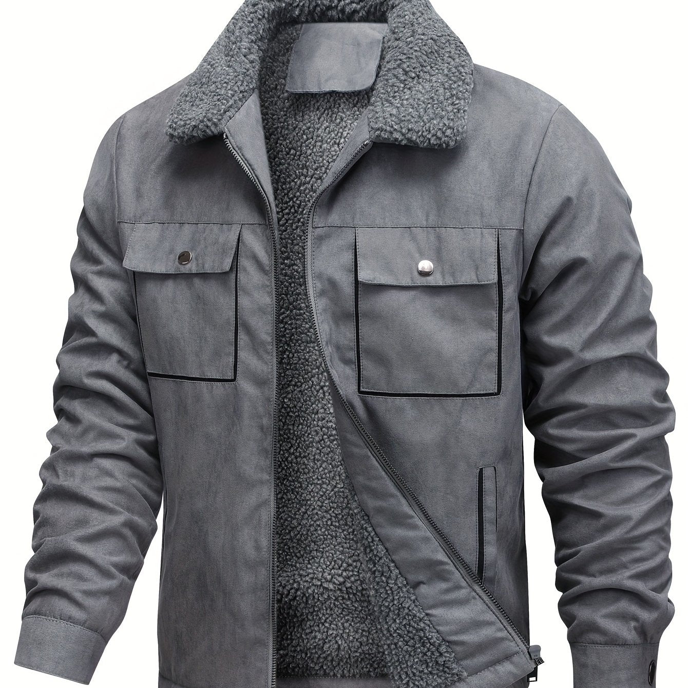 Men's Winter faux sueded jacket with fur collar, thick fleece lining, zipper closure, long sleeves, and plush comfort.