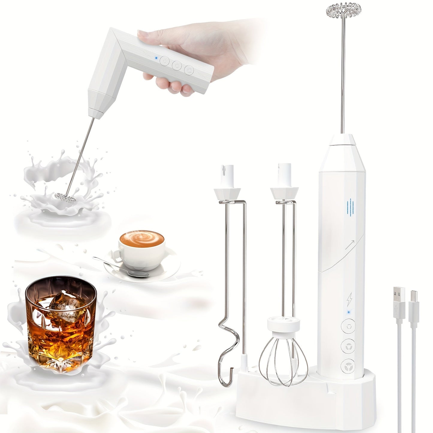 Get your hands on the Rechargeable Handheld Milk Frother! This versatile tool comes with a stand for easy storage and features a 3-speed adjustable electric whisk. It also includes 3 unique stainless steel mixing attachments, making it perfect for all