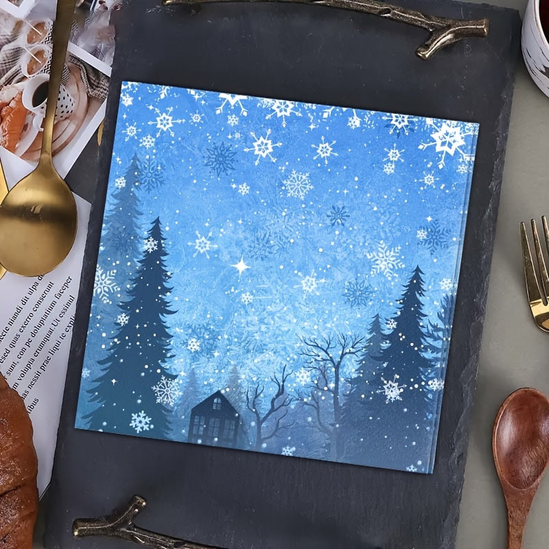 Set of 20 blue snowflake napkins, perfect for lunch or dinner at a winter Christmas or gender reveal themed birthday party. These disposable paper napkins are a festive addition to your party supplies and table decorations.