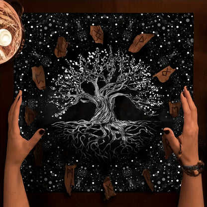 1pc Tarot Tablecloth featuring life tree and moon phase designs, suitable for tarot readings, altar cloths, witchcraft, table games, and room decoration.