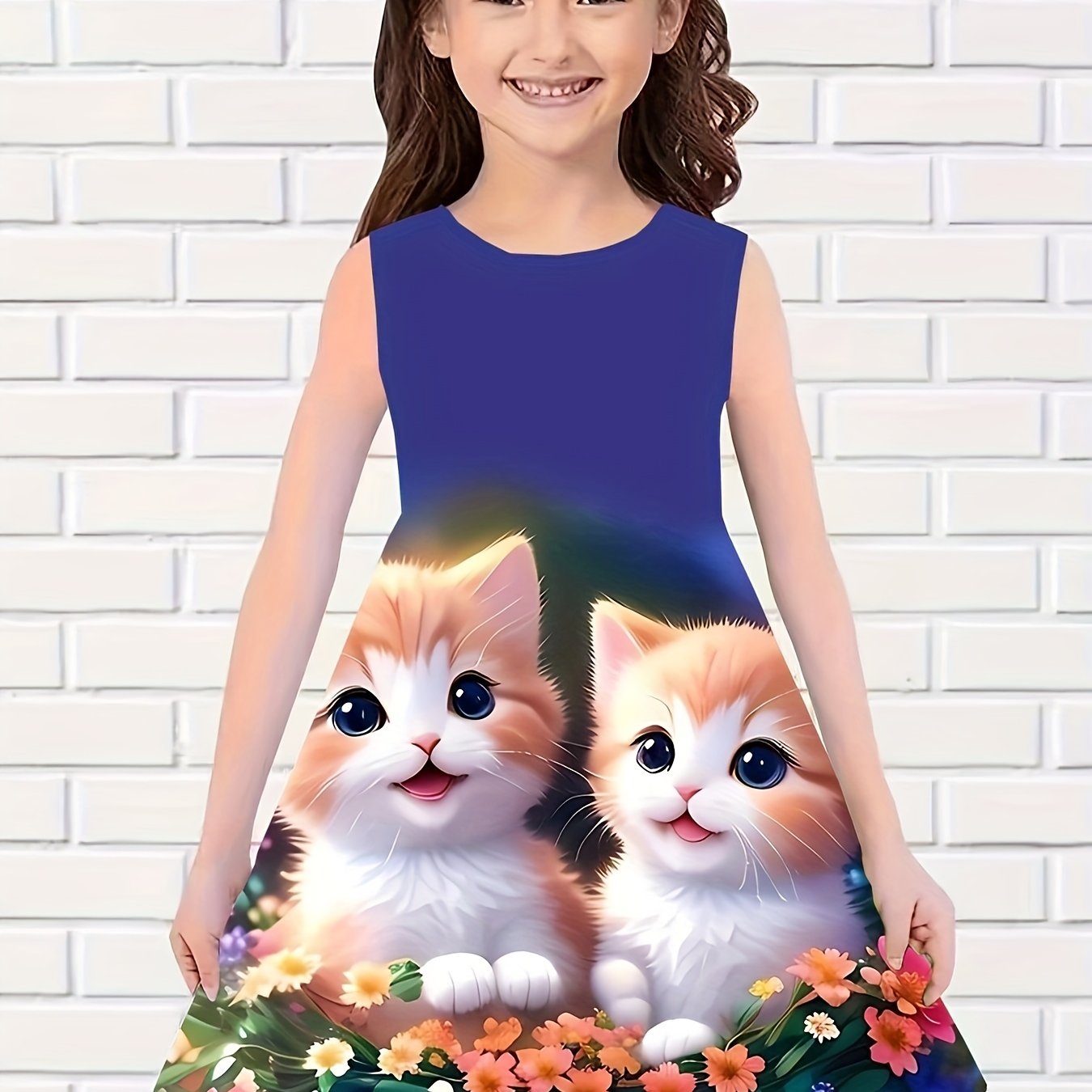 Sleeveless Cat Series Dress for charming girls - Vibrant digital print, 100% polyester, round neck. Ideal for spring/summer casual wear, playful youngsters' clothing. whimsical fashion