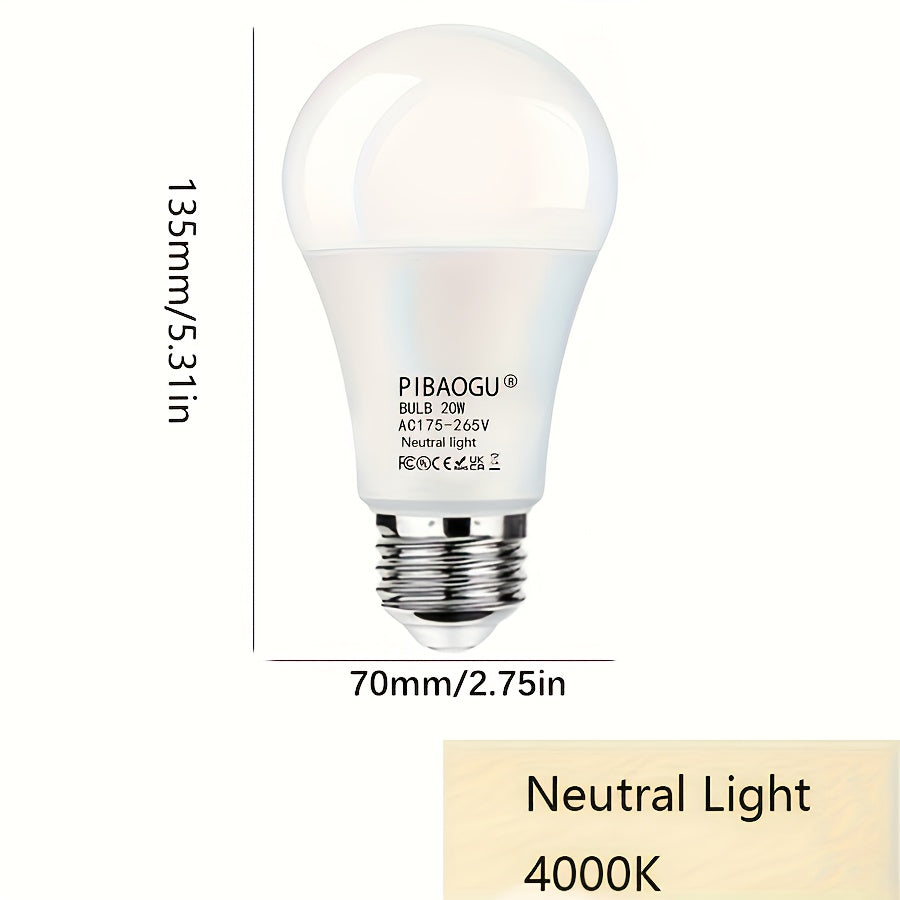 Four 20W LED bulbs, equivalent to 160W with E27 base and 2000LM brightness. Available in cold white (6500K) and warm white (3000K), energy-saving and non-dimmable.