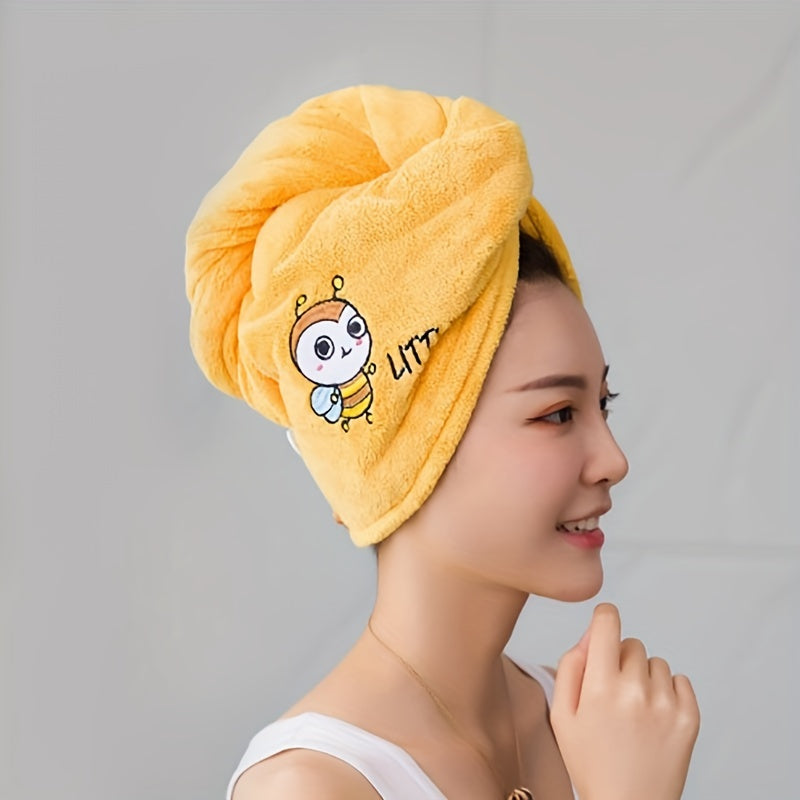 Soft coral fleece hair towel wrap with quick dry, thick material, cute cartoon design, double layer embroidery for extra absorption, and non-shedding shower cap.