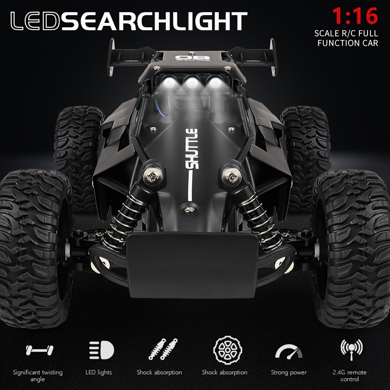 16 RC Alloy Climbing Car with high-speed off-road capabilities, multi-terrain capability, LED searchlights, rechargeable lithium polymer battery, remote control, durable plastic