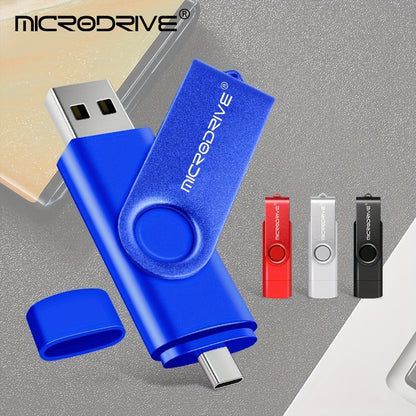 MiCRODRIVE USB 2.0 Pen Drive in 4GB, 8GB, 16GB, 32GB, 64GB, and 128GB capacities, with a 360 rotating metal design and Type-C compatibility for Android devices. Available in black, blue