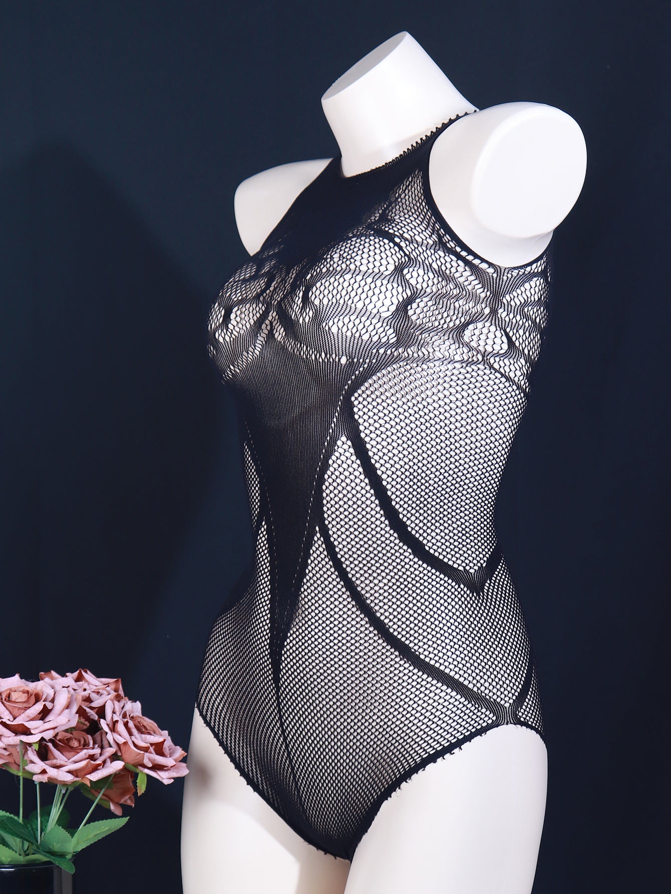 Women's sexy hollow bodysuit made of geometric-patterned polyamide knit fabric, sleeveless and high support with no padding, fishnet dress.