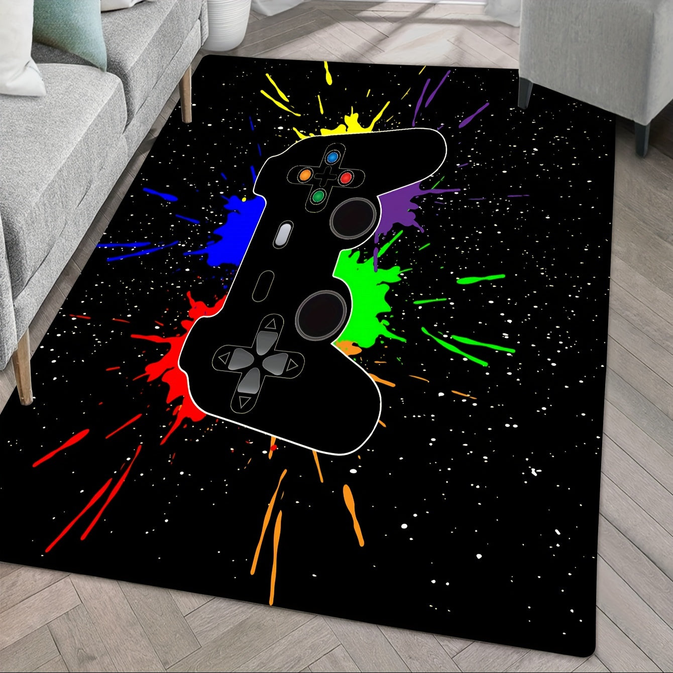 Enhance your gaming setup with a 1pc gaming area rug featuring a gamepad controller theme. This cyberpunk stylish washable mat is perfect for your living room, bedside, or e-sports room, adding a touch of flair to your home decor.