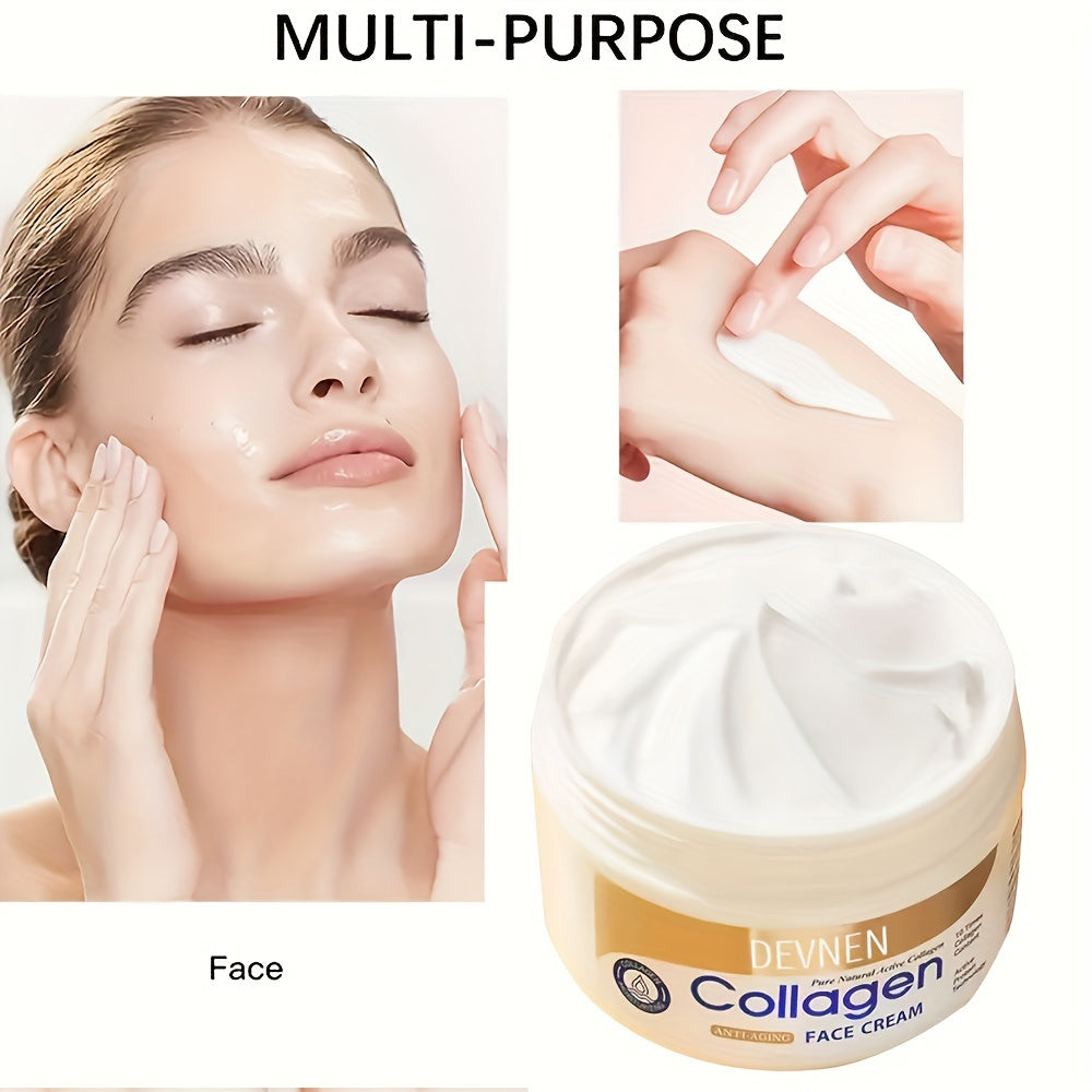 100g Devinen Collagen Face Cream for hydrating and brightening, suitable for all skin types. Contains Retinol, Hyaluronic Acid, and Glycerin. Can be used day and night, alcohol-free. Boosts