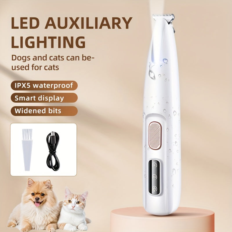 IPX5 Pet Hair Remover for Cats & Dogs - USB Rechargeable Electric Trimmer with Smart Display and Quiet Operation. Features Wide-Bit Shaving Head, Foot Design, and Auxiliary Lighting. Ideal